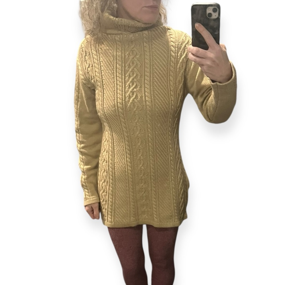 Cable Knit Turtleneck Sweater | M/L | Golden Beige Neutral Funnel Neck Longline